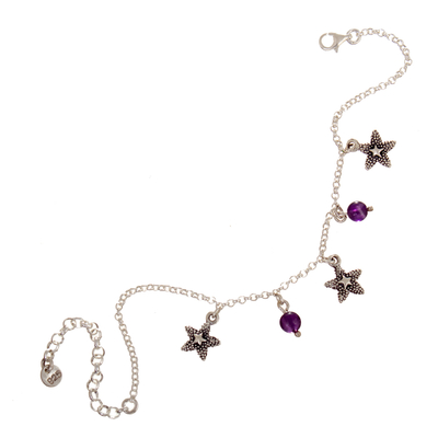 Amethyst charm bracelet, 'Purple Summer Breeze' - Sterling Silver Starfish Charm Bracelet with Amethyst Stone