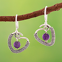 Amethyst dangle earrings, 'Wise Love' - Sterling Silver Heart Dangle Earrings with Amethyst Jewels