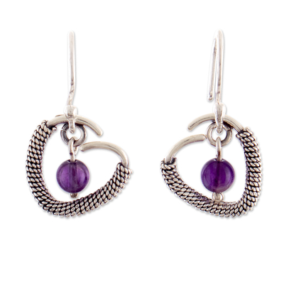 Amethyst dangle earrings, 'Wise Love' - Sterling Silver Heart Dangle Earrings with Amethyst Jewels