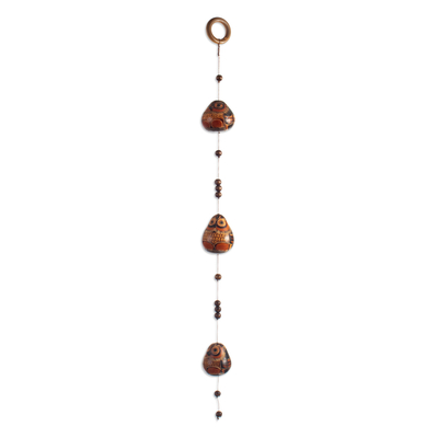 Dried calabash gourd mobile, 'Orange and Wise Winds' - Hand-Carved Owl-Themed Dried Calabash Gourd Mobile in Orange