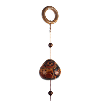 Dried calabash gourd mobile, 'Orange and Wise Winds' - Hand-Carved Owl-Themed Dried Calabash Gourd Mobile in Orange