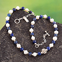 Cultured pearl and lapis lazuli beaded pendant necklace, 'Blue Glow'