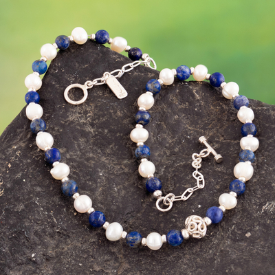Halskette mit Anhänger aus Zuchtperlen und Lapislazuli-Perlen - Halskette mit Anhänger aus 925er Silber mit Zuchtperlen und Lapislazuli