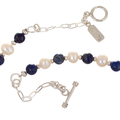 Halskette mit Anhänger aus Zuchtperlen und Lapislazuli-Perlen - Halskette mit Anhänger aus 925er Silber mit Zuchtperlen und Lapislazuli