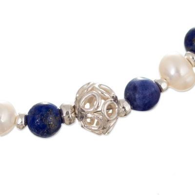 Collar con colgante de perlas cultivadas y lapislázuli - Collar de Plata 925 con Perla Cultivada y Lapislázuli