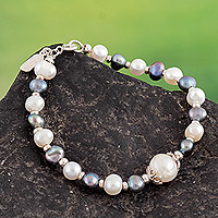 Pulsera colgante de perlas cultivadas, 'Alluring Contrast' - Pulsera colgante de plata 925 con perlas cultivadas de dos tonos