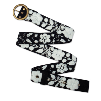 Cinturón de lana bordado - Cinturón de lana floral bordado y tejido a mano en blanco y negro
