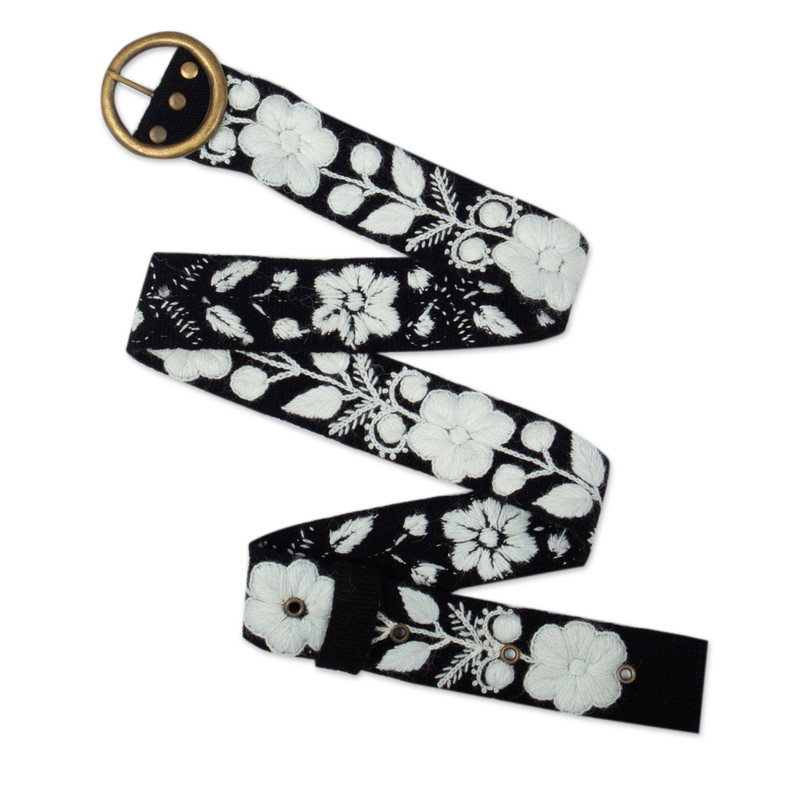 Black & White Hand-Woven & Hand-Embroidered Floral Wool Belt  display picture 3