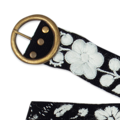 Cinturón de lana bordado - Cinturón de lana floral bordado y tejido a mano en blanco y negro