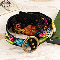 Cinturón de lana bordado, 'Ramo Andino' - Cinturón de lana floral colorido tejido y bordado a mano