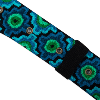 Cinturón de lana bordado - Cinturón de lana bordado verde y turquesa con motivos de chakana