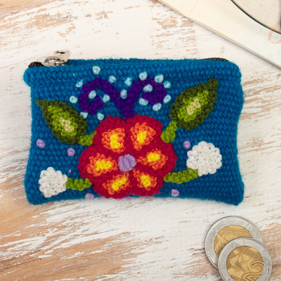 Wool coin purse, 'Primaveral Blue' - Handloomed Flower-Themed Wool Coin Purse in Blue
