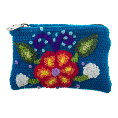 Monedero de lana - Monedero de lana tejido a mano con motivos florales en azul