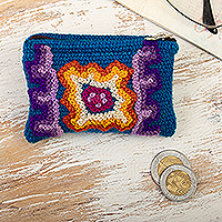 Wool coin purse, 'Inca Dawn' - Handloomed Chakana-Themed Wool Coin Purse in Cyan Hue