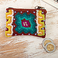 Wool coin purse, 'Inca Lagoon' - Handloomed Chakana-Themed Wool Coin Purse in Russet Hue