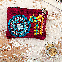 Wool coin purse, 'Crimson Worldview' - Handloomed Colorful Wool Coin Purse in a Crimson Base Hue