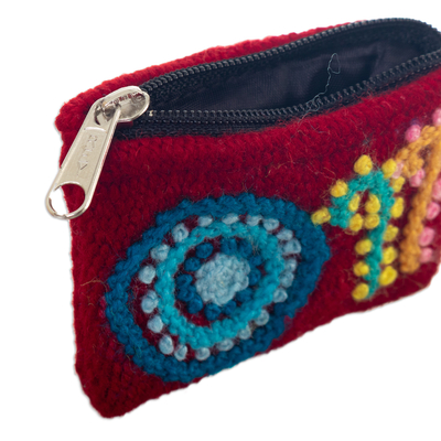 Wool coin purse, 'Crimson Worldview' - Handloomed colourful Wool Coin Purse in a Crimson Base Hue