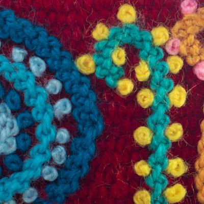 Monedero de lana - Monedero de lana colorido tejido a mano en un tono base carmesí