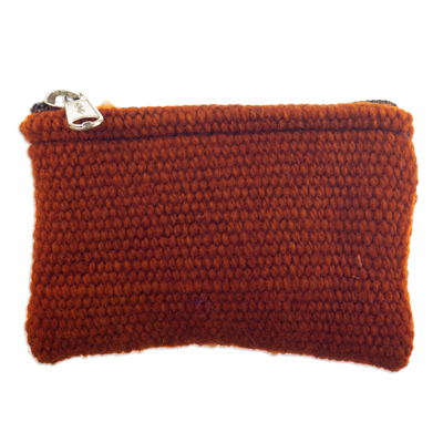 Wool coin purse, 'Primaveral Orange' - Handloomed Flower-Themed Wool Coin Purse in Orange