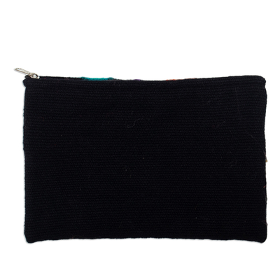 Embroidered wool cosmetic bag, 'Andean Party' - Hand-Woven and Hand-Embroidered Wool Cosmetic Bag in Black