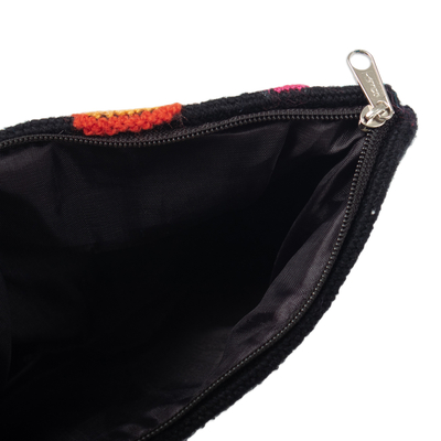 Embroidered wool cosmetic bag, 'Andean Party' - Hand-Woven and Hand-Embroidered Wool Cosmetic Bag in Black