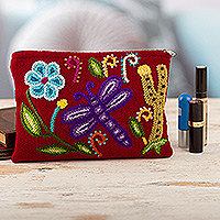 Bestickte Kosmetiktasche aus Wolle, „Andean Dragonfly“ – handgewebte, handbestickte Kosmetiktasche aus Wolle mit Libelle