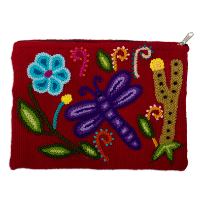 Hand-Woven Hand-Embroidered Wool Cosmetic Bag with Dragonfly