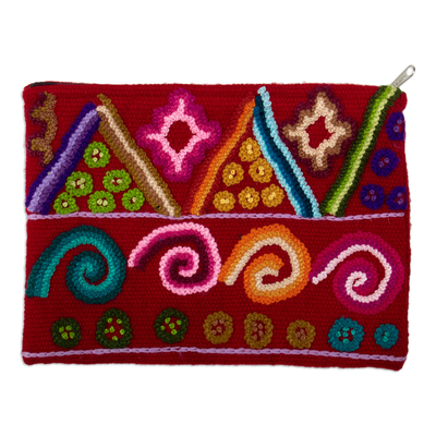 Hand-Woven and Hand-Embroidered Wool Cosmetic Bag in Red