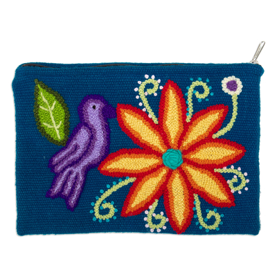Embroidered wool cosmetic bag, 'Andean Sparrow' - Hand-Woven & Hand-Embroidered Wool Cosmetic Bag with Sparrow