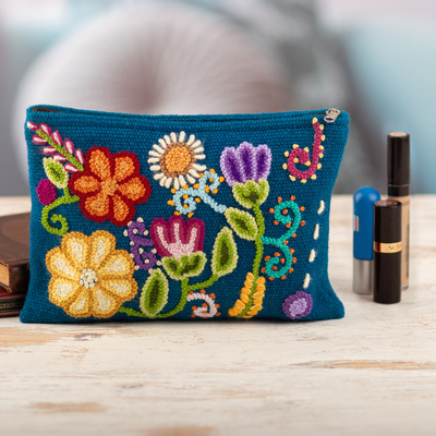 Embroidered wool cosmetic bag, 'Andean Spring' - Hand-Woven and Hand-Embroidered Wool Floral Cosmetic Bag