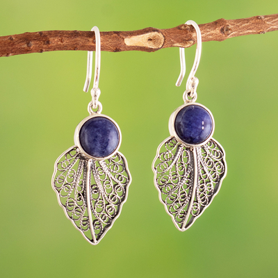 Sodalite filigree dangle earrings, 'Leaf in the Wind' - Sterling Silver Leaf Filigree Dangle Earrings with Sodalite