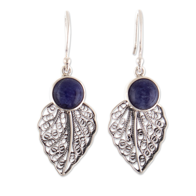 Sodalite filigree dangle earrings, 'Leaf in the Wind' - Sterling Silver Leaf Filigree Dangle Earrings with Sodalite