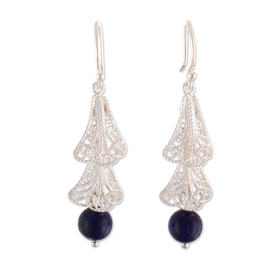 Lapis lazuli filigree dangle earrings, 'Bells are Ringing' - Silver Filigree Dangle Earrings with Lapis Lazuli Stone
