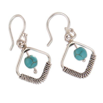 Reconstituted turquoise dangle earrings, 'Geometry & Texture' - Modern Silver Dangle Earrings with Reconstituted Turquoise