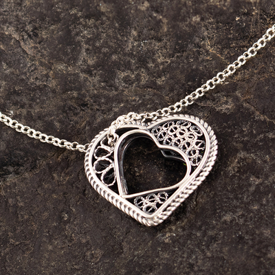 Sterling silver filigree pendant necklace, 'Unbreakable Connection' - Heart-Shaped Sterling Silver Filigree Pendant Necklace