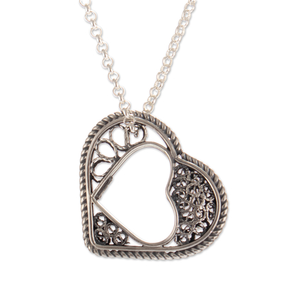 Sterling silver filigree pendant necklace, 'Unbreakable Connection' - Heart-Shaped Sterling Silver Filigree Pendant Necklace