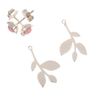 Rhodonite double-sided stud earrings, 'Leaves in Pink' - 925 Silver and Rhodonite Leaf Double-Sided Stud Earrings