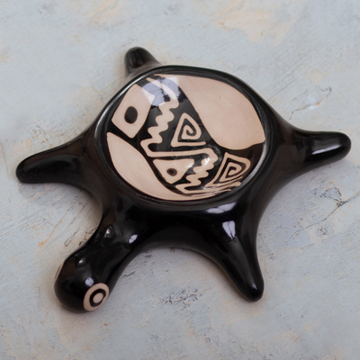 Cajón de cerámica - Catchall de tortuga Vicus de cerámica negra y beige hecho a mano