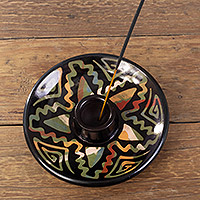 Ceramic incense holder, 'Ancestral Constellation' - Handcrafted Geometric Round Ceramic Incense Holder