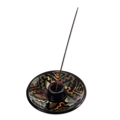Ceramic incense holder, 'Ancestral Constellation' - Handcrafted Geometric Round Ceramic Incense Holder