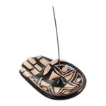 Ceramic incense holder, 'Black & White Hamsa' - Handmade Black & White Hamsa Amulet Ceramic Incense Holder