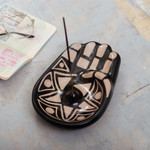 Ceramic incense holder, 'Black & White Hamsa' - Handmade Black & White Hamsa Amulet Ceramic Incense Holder