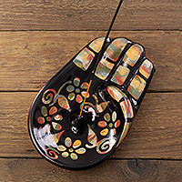 Ceramic incense holder, 'Colorful Hamsa' - Colorful Handcrafted Hamsa Amulet Ceramic Incense Holder