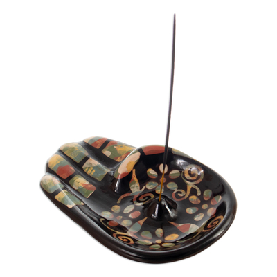Ceramic incense holder, 'Colorful Hamsa' - Colorful Handcrafted Hamsa Amulet Ceramic Incense Holder