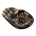 Ceramic incense holder, 'Colorful Hamsa' - Colorful Handcrafted Hamsa Amulet Ceramic Incense Holder