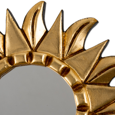 Bronze gilded wood wall mirror, 'Bright Sun' - Antiqued Round Bronze Gilded Wood Wall Mirror with Sun Motif