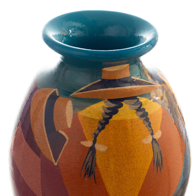 Ceramic decorative vase, 'Andean Braids in Blue' - Ceramic Decorative Vase with Hand-Painted Andean Motifs