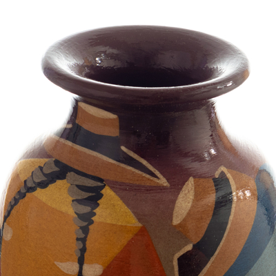 Ceramic decorative vase, 'Andean Braids in Brown' - colourful Hand-Painted Andean-Themed Ceramic Decorative Vase