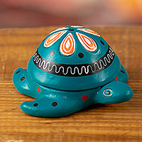 Ceramic tealight candleholder, 'Luminous Carapace' - Hand-Painted Green Ceramic Turtle Tealight Candleholder