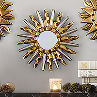 Gilded bronze and aluminum wood wall mirror, 'Gold & Silver Sun' - Gilded Bronze and Aluminum Wood Sun-Themed Wall Mirror